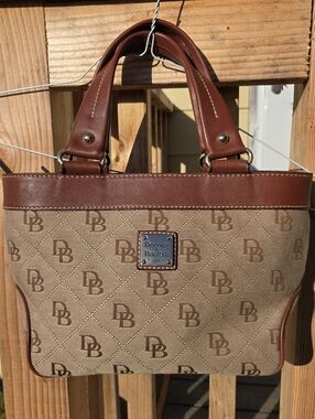 Dooney & Bourke DB Monogram Mini East West Tote Brown Leather Trim Satchel
